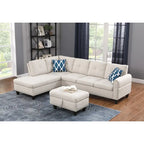 Divano sezionale a L bianco/beige, angolare sinistro, con penisola e pouf, 3-4 posti