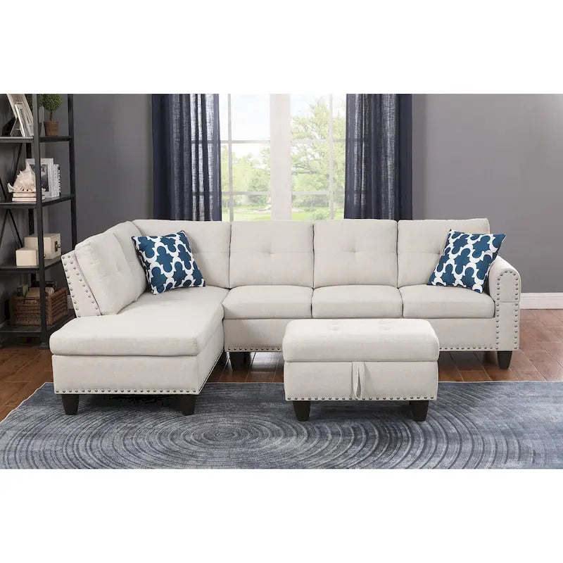 Divano sezionale a L bianco/beige, angolare sinistro, con penisola e pouf, 3-4 posti