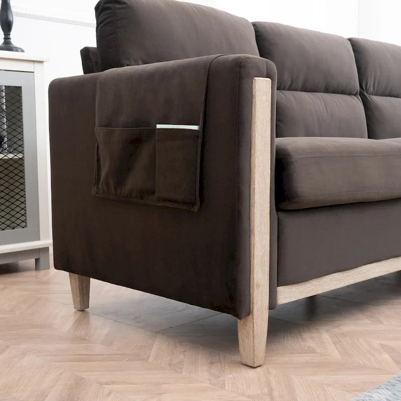 Divano a 3 posti in tessuto marrone con gambe in legno