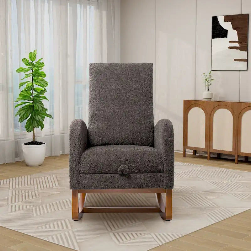 Poltrona a dondolo in tessuto bouclé con poggiapiedi, singola – Antracite / Caramello / Grigio chiaro / Blu navy / Avorio / Verde