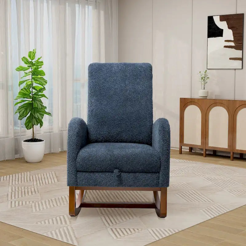 Poltrona a dondolo in tessuto bouclé con poggiapiedi, singola – Antracite / Caramello / Grigio chiaro / Blu navy / Avorio / Verde