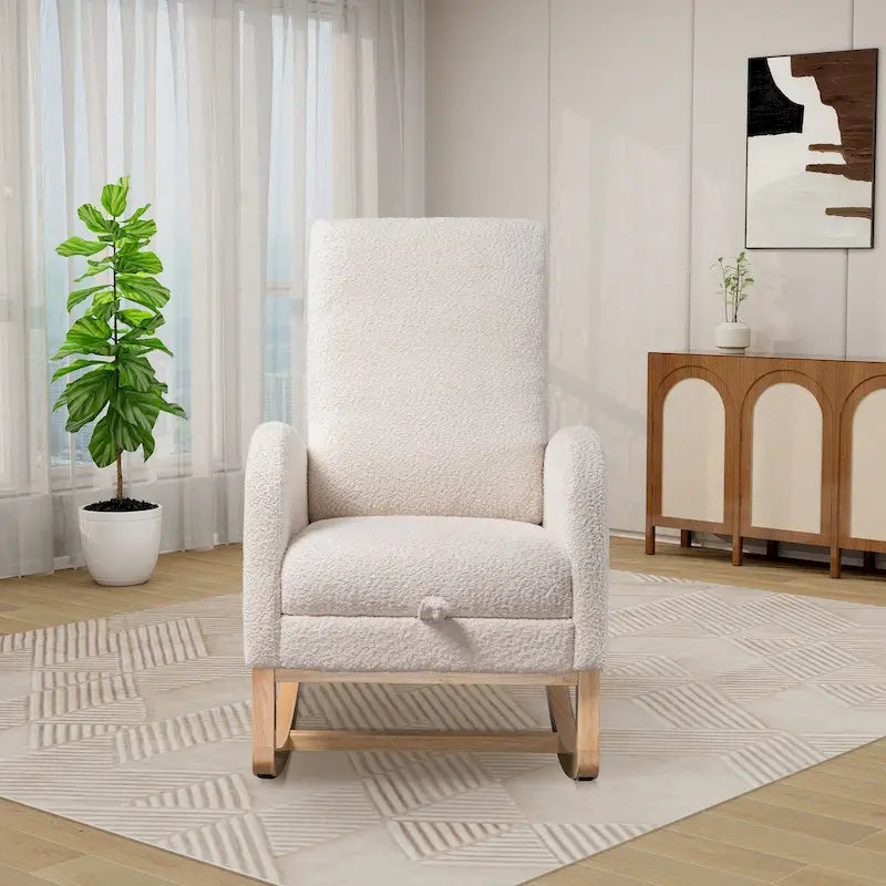 Poltrona a dondolo in tessuto bouclé con poggiapiedi, singola – Antracite / Caramello / Grigio chiaro / Blu navy / Avorio / Verde