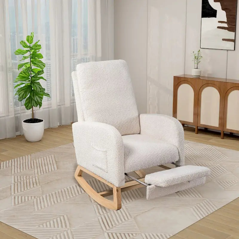 Poltrona a dondolo in tessuto bouclé con poggiapiedi, singola – Antracite / Caramello / Grigio chiaro / Blu navy / Avorio / Verde