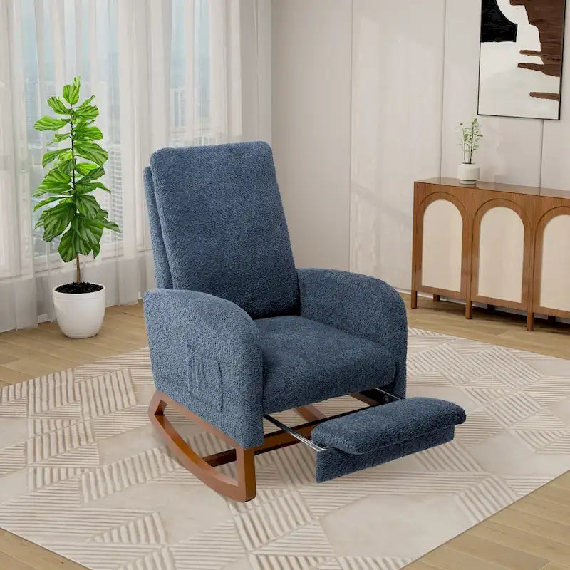 Poltrona a dondolo in tessuto bouclé con poggiapiedi, singola – Antracite / Caramello / Grigio chiaro / Blu navy / Avorio / Verde