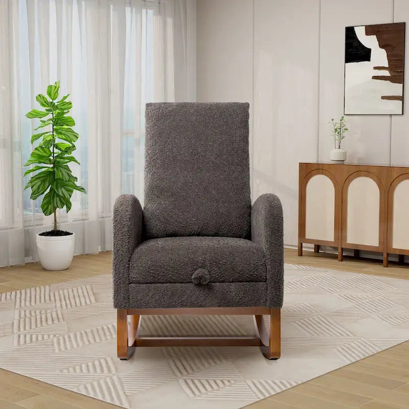 Poltrona a dondolo in tessuto bouclé con poggiapiedi, singola – Antracite / Caramello / Grigio chiaro / Blu navy / Avorio / Verde