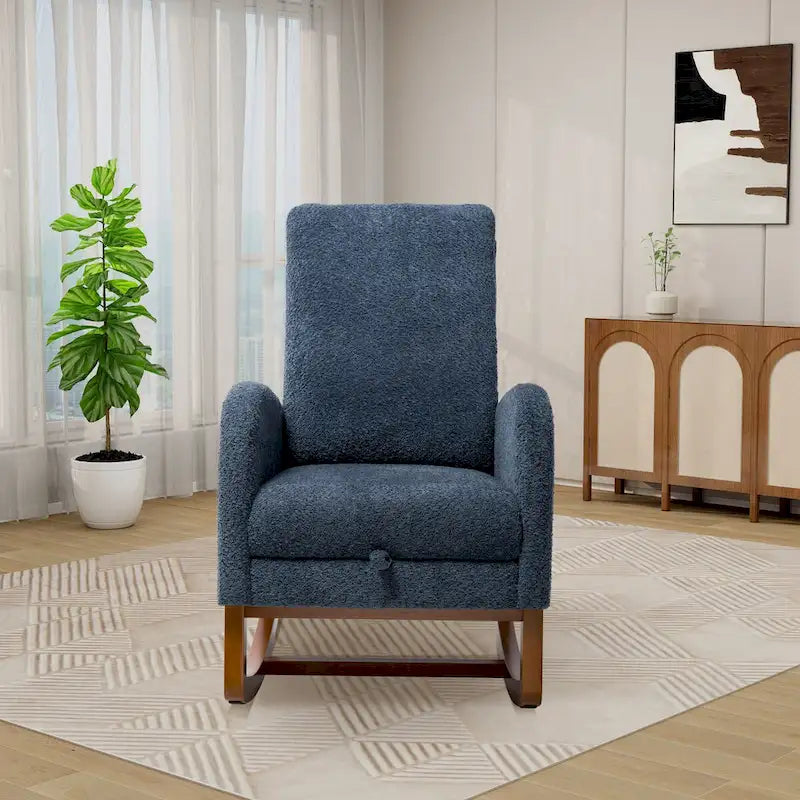 Poltrona a dondolo in tessuto bouclé con poggiapiedi, singola – Antracite / Caramello / Grigio chiaro / Blu navy / Avorio / Verde