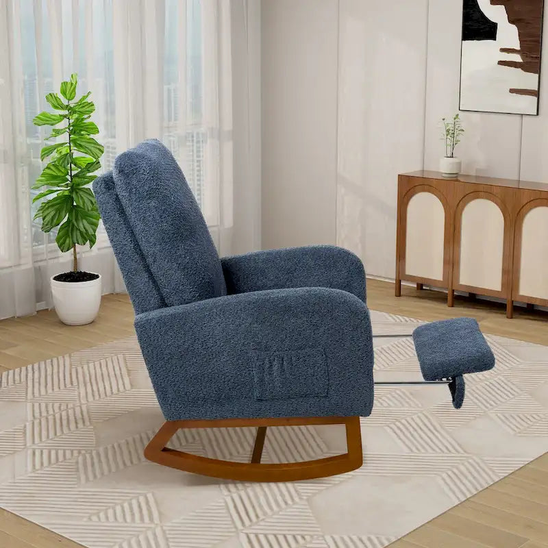 Poltrona a dondolo in tessuto bouclé con poggiapiedi, singola – Antracite / Caramello / Grigio chiaro / Blu navy / Avorio / Verde