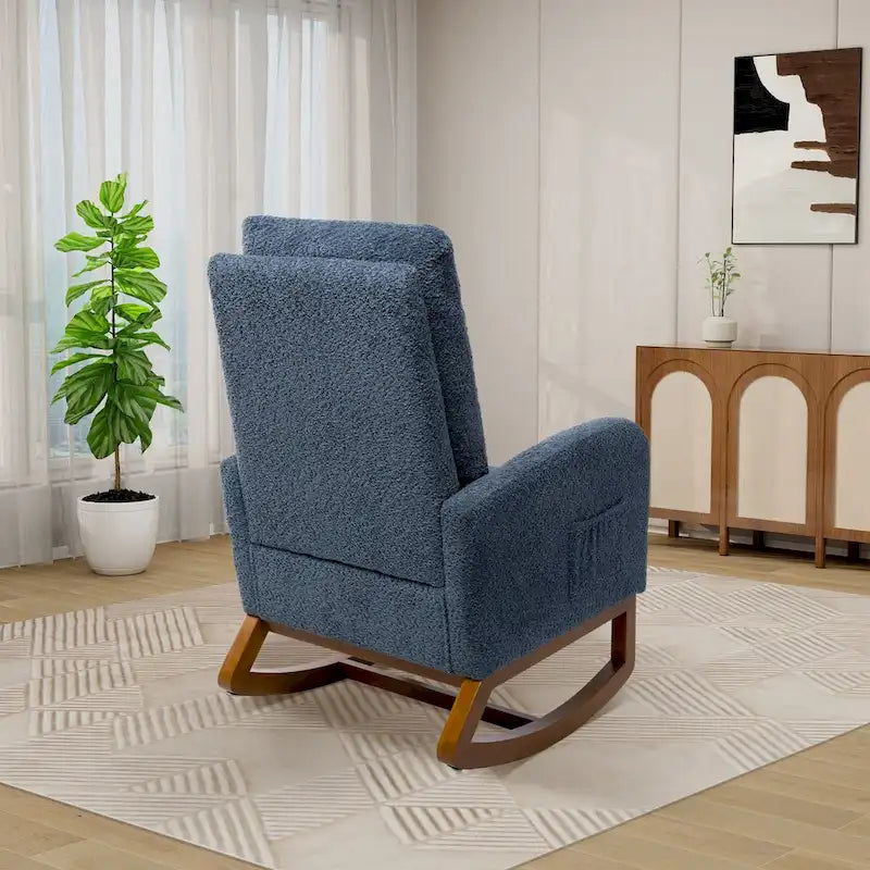 Poltrona a dondolo in tessuto bouclé con poggiapiedi, singola – Antracite / Caramello / Grigio chiaro / Blu navy / Avorio / Verde