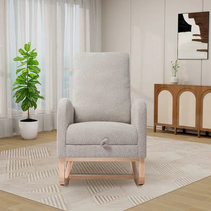 Poltrona a dondolo in tessuto bouclé con poggiapiedi, singola – Antracite / Caramello / Grigio chiaro / Blu navy / Avorio / Verde