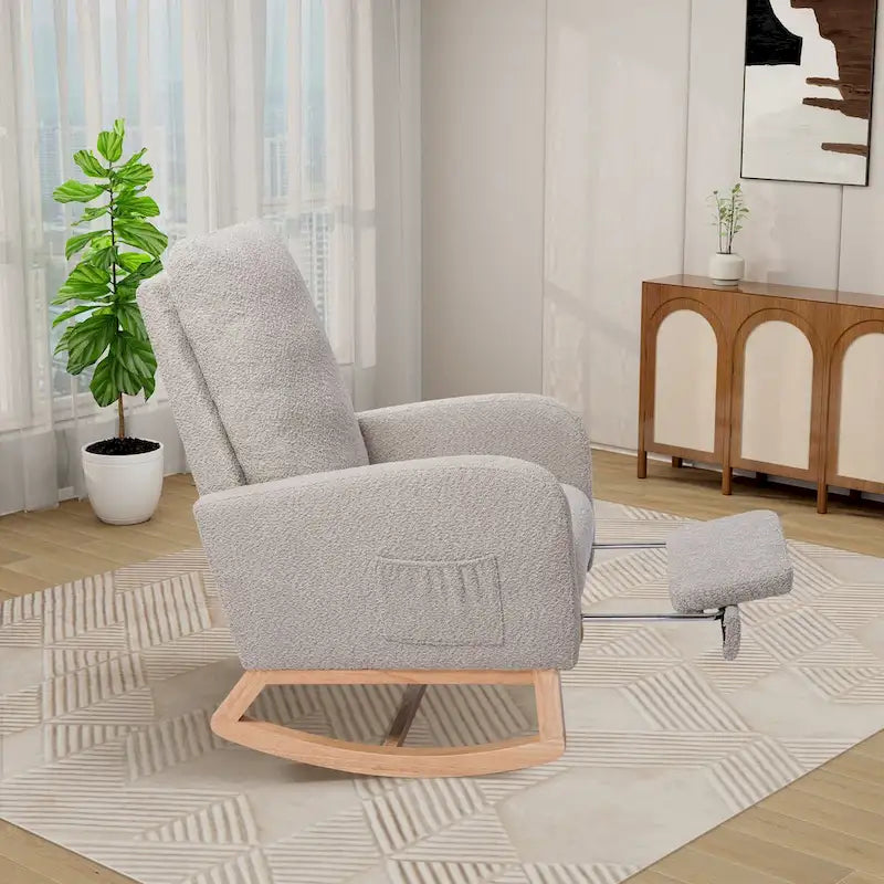 Poltrona a dondolo in tessuto bouclé con poggiapiedi, singola – Antracite / Caramello / Grigio chiaro / Blu navy / Avorio / Verde