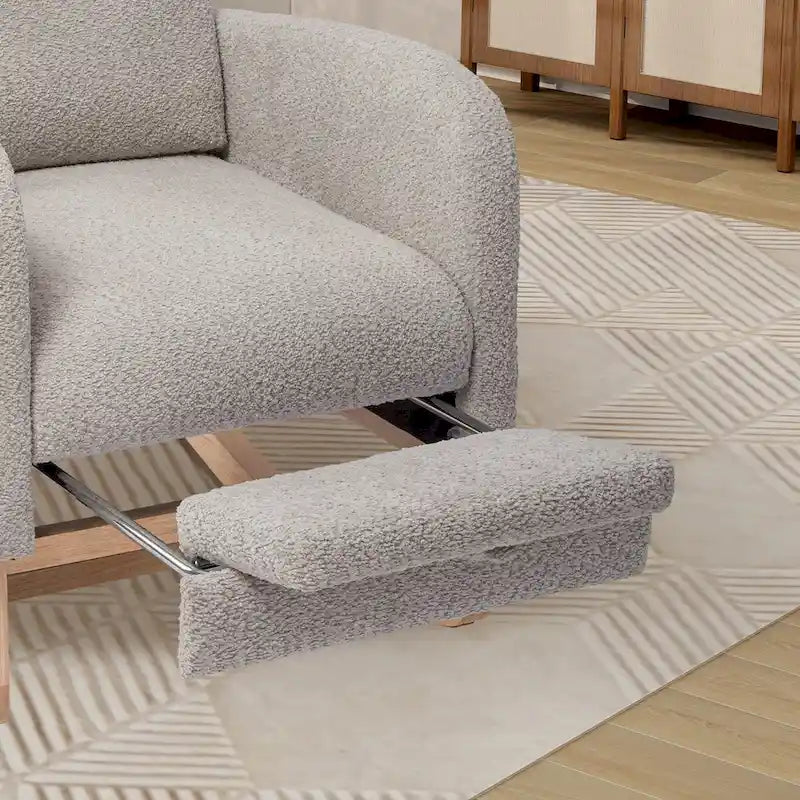 Poltrona a dondolo in tessuto bouclé con poggiapiedi, singola – Antracite / Caramello / Grigio chiaro / Blu navy / Avorio / Verde