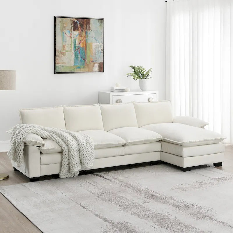 Divano sezionale a L in ciniglia beige/grigio/giallo/blu navy con chaise longue, 5 posti