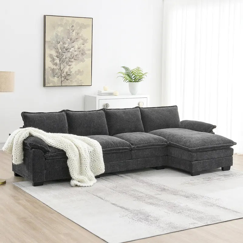Divano sezionale a L in ciniglia beige/grigio/giallo/blu navy con chaise longue, 5 posti