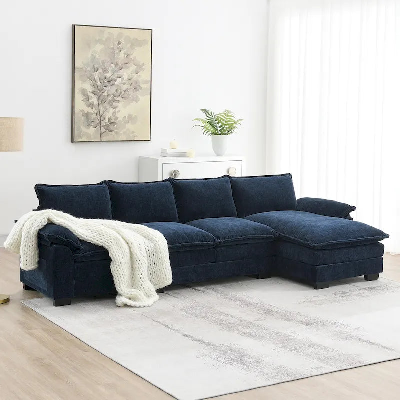 Divano sezionale a L in ciniglia beige/grigio/giallo/blu navy con chaise longue, 5 posti