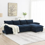 Divano sezionale a L in ciniglia beige/grigio/giallo/blu navy con chaise longue, 5 posti