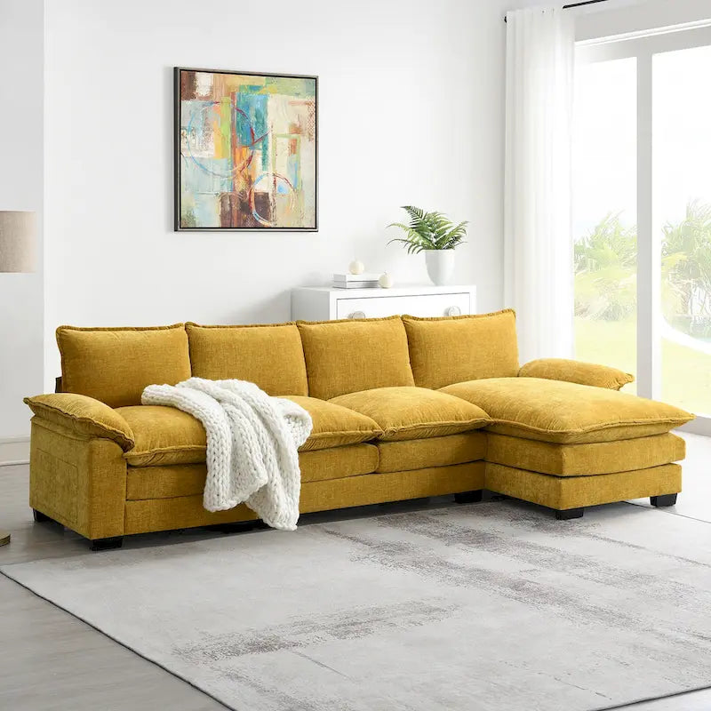 Divano sezionale a L in ciniglia beige/grigio/giallo/blu navy con chaise longue, 5 posti