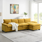 Divano sezionale a L in ciniglia beige/grigio/giallo/blu navy con chaise longue, 5 posti