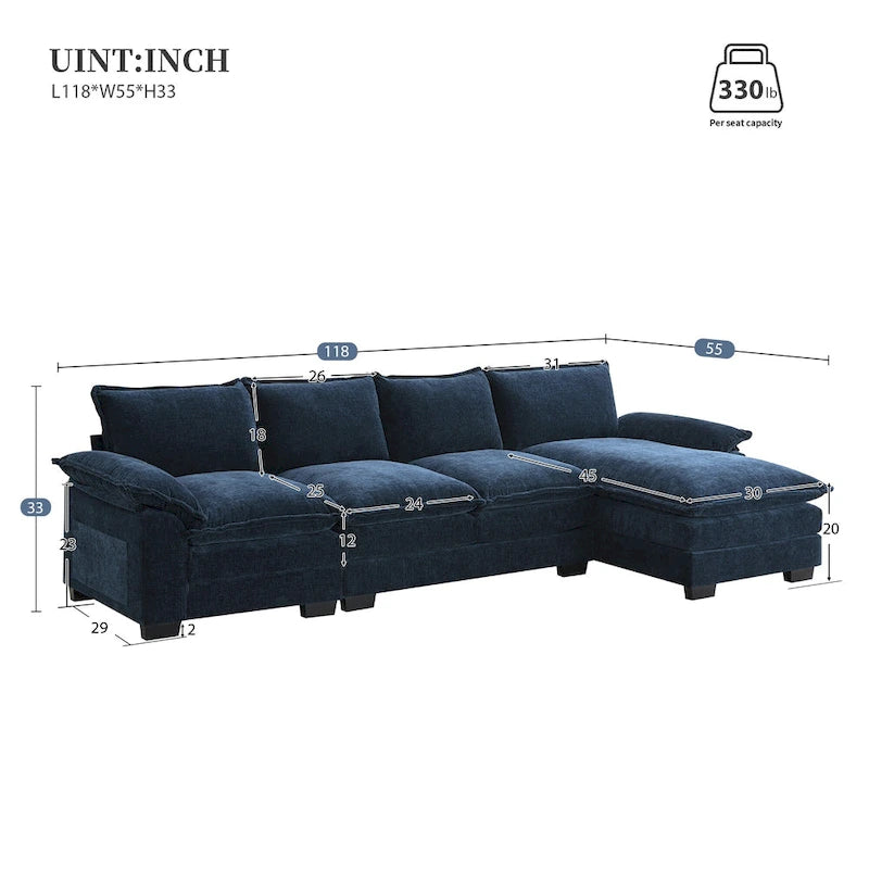 Divano sezionale a L in ciniglia beige/grigio/giallo/blu navy con chaise longue, 5 posti