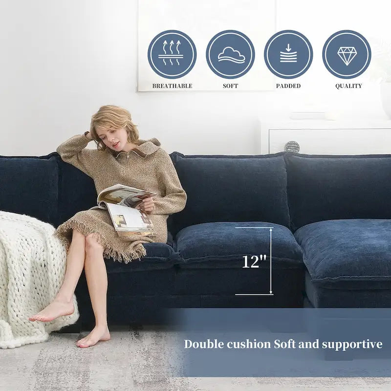 Divano sezionale a L in ciniglia beige/grigio/giallo/blu navy con chaise longue, 5 posti