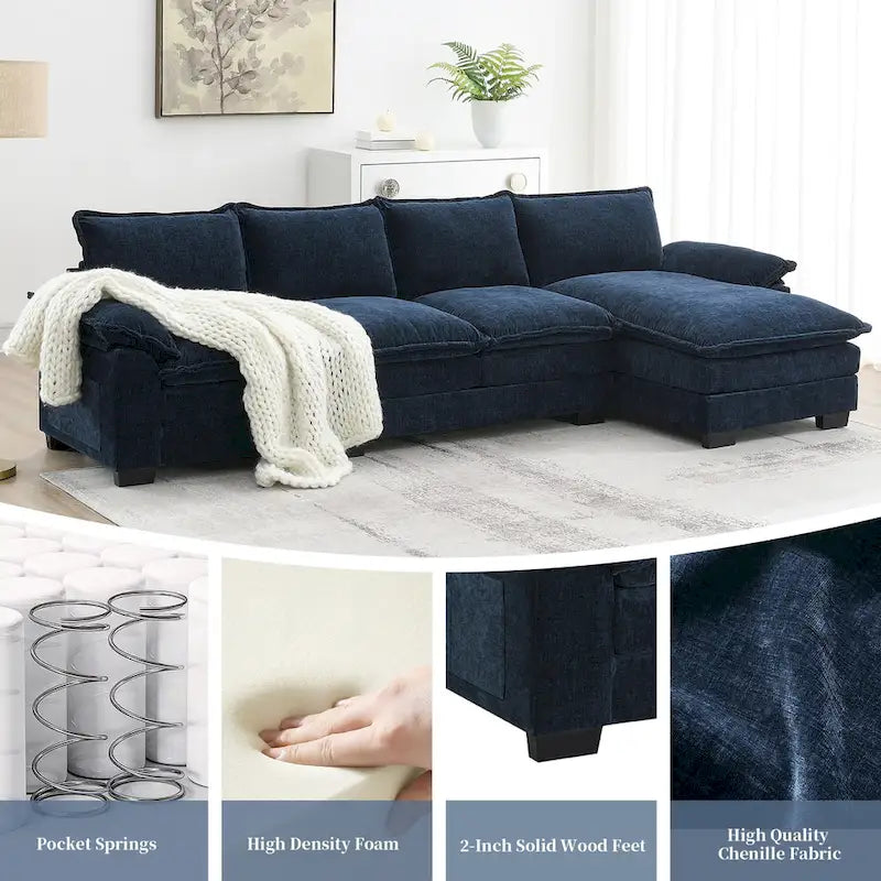 Divano sezionale a L in ciniglia beige/grigio/giallo/blu navy con chaise longue, 5 posti