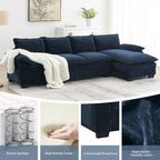 Divano sezionale a L in ciniglia beige/grigio/giallo/blu navy con chaise longue, 5 posti