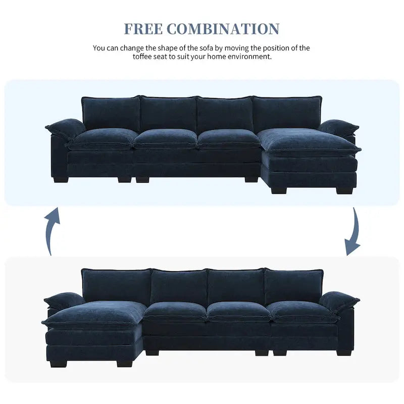Divano sezionale a L in ciniglia beige/grigio/giallo/blu navy con chaise longue, 5 posti