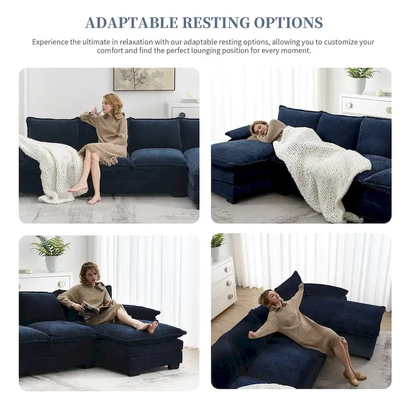 Divano sezionale a L in ciniglia beige/grigio/giallo/blu navy con chaise longue, 5 posti
