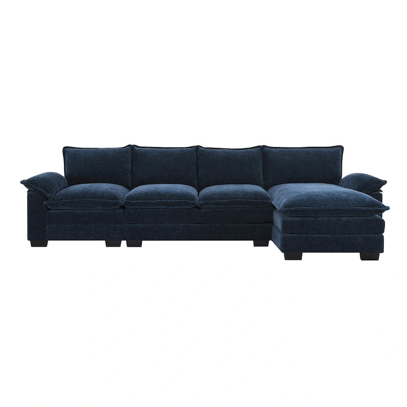Divano sezionale a L in ciniglia beige/grigio/giallo/blu navy con chaise longue, 5 posti