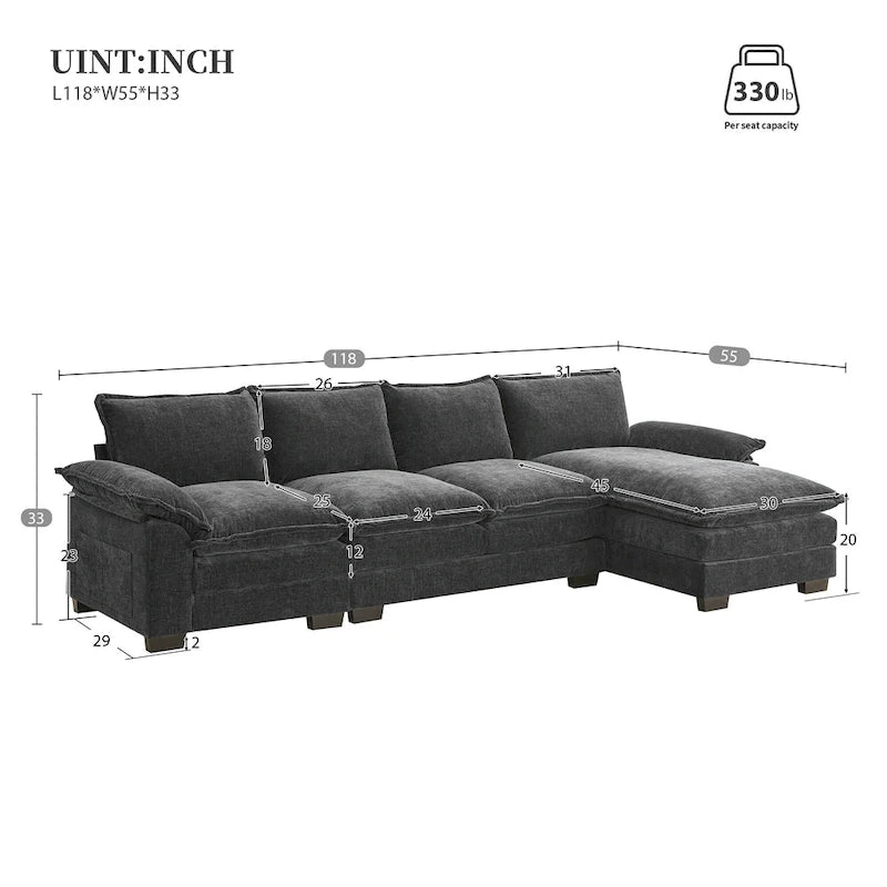 Divano sezionale a L in ciniglia beige/grigio/giallo/blu navy con chaise longue, 5 posti