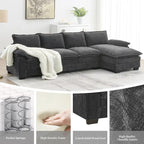 Divano sezionale a L in ciniglia beige/grigio/giallo/blu navy con chaise longue, 5 posti