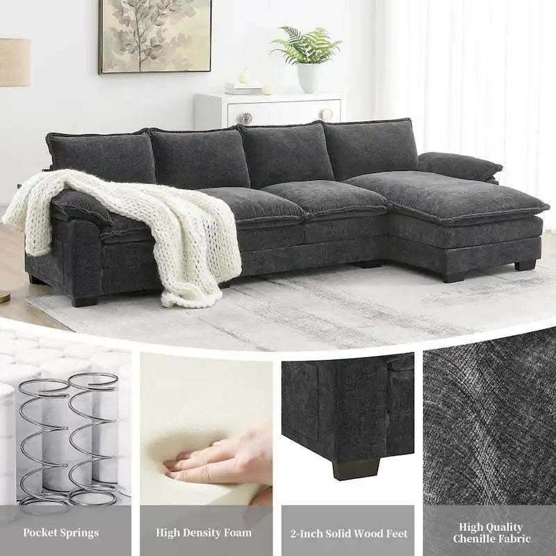 Divano sezionale a L in ciniglia beige/grigio/giallo/blu navy con chaise longue, 5 posti