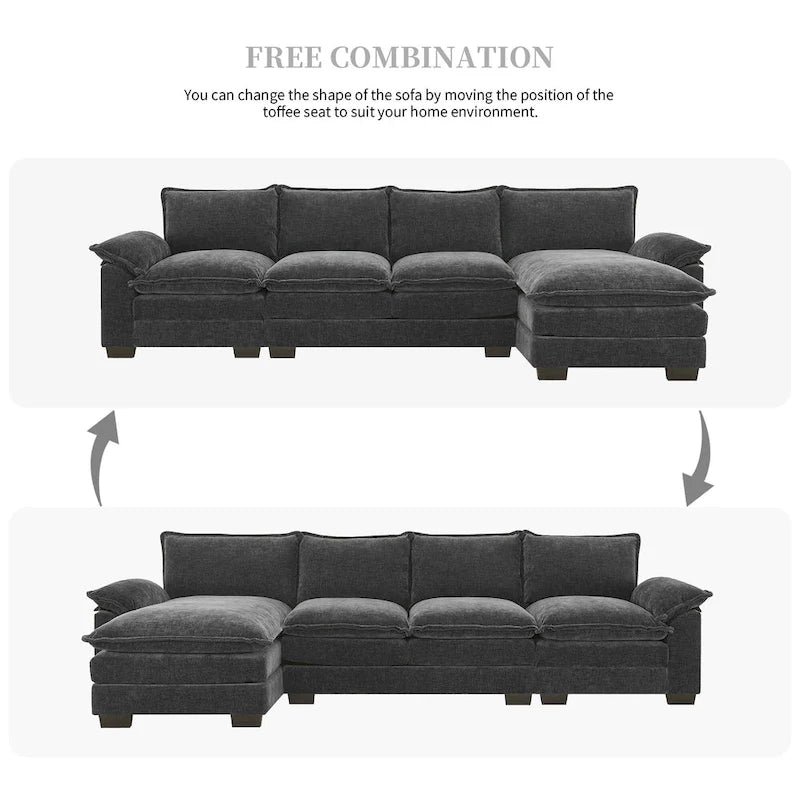 Divano sezionale a L in ciniglia beige/grigio/giallo/blu navy con chaise longue, 5 posti