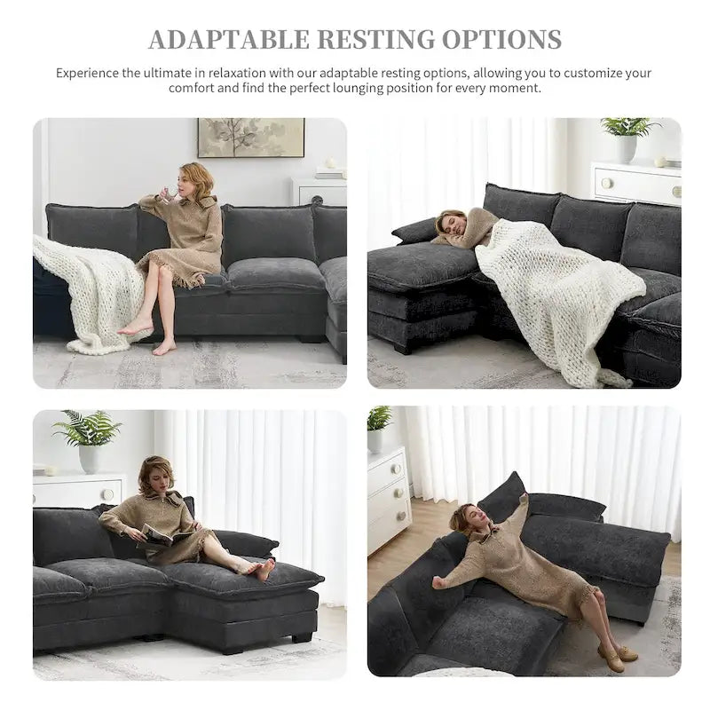 Divano sezionale a L in ciniglia beige/grigio/giallo/blu navy con chaise longue, 5 posti