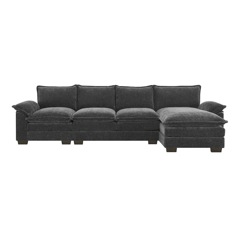 Divano sezionale a L in ciniglia beige/grigio/giallo/blu navy con chaise longue, 5 posti