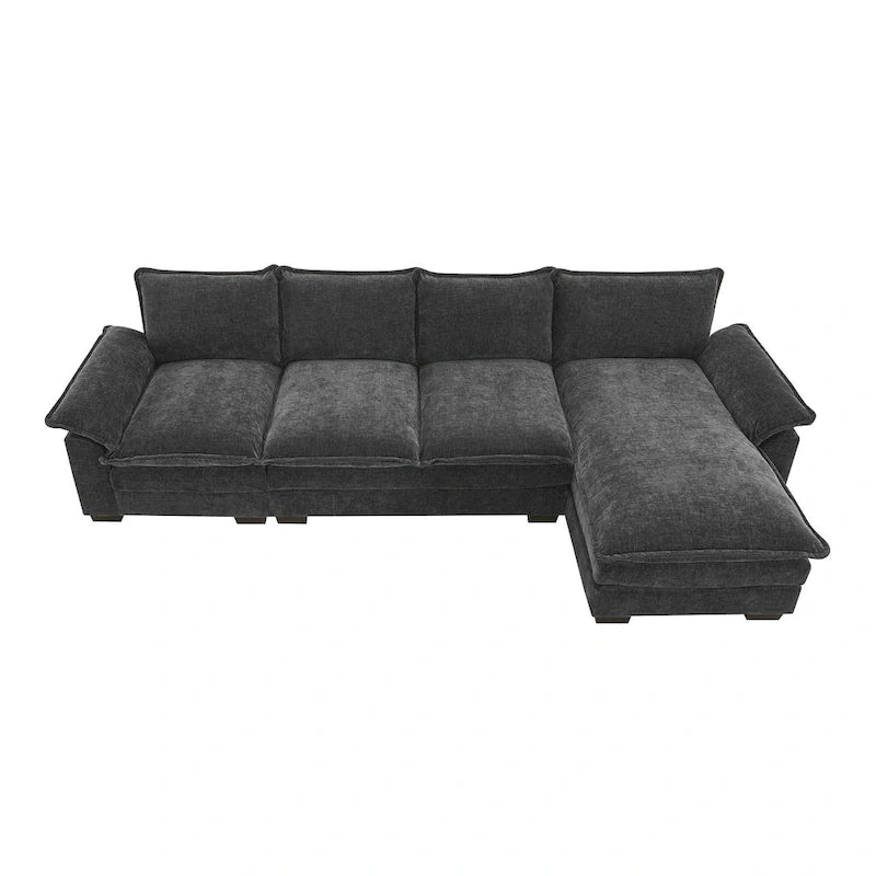 Divano sezionale a L in ciniglia beige/grigio/giallo/blu navy con chaise longue, 5 posti