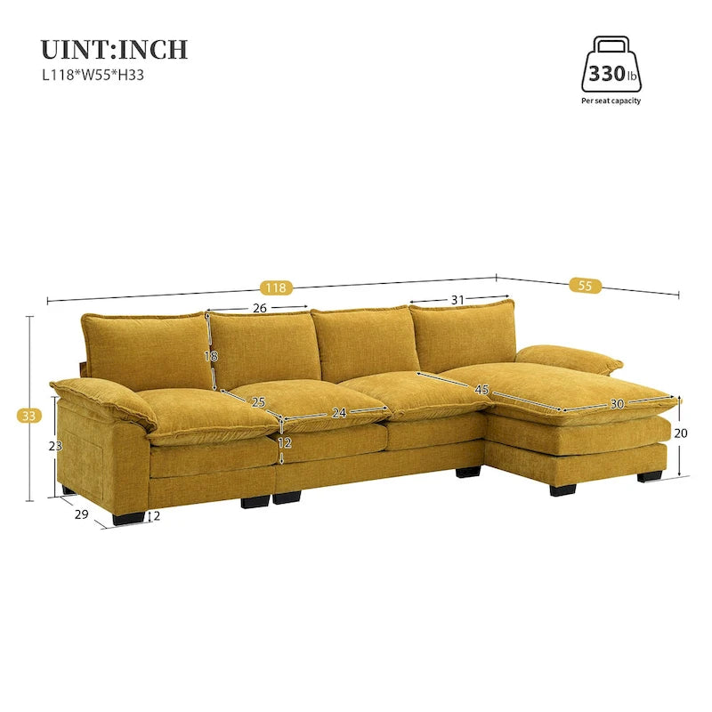 Divano sezionale a L in ciniglia beige/grigio/giallo/blu navy con chaise longue, 5 posti