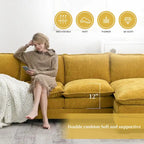 Divano sezionale a L in ciniglia beige/grigio/giallo/blu navy con chaise longue, 5 posti