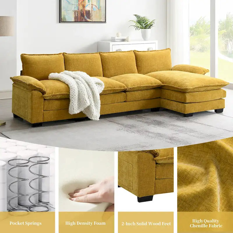 Divano sezionale a L in ciniglia beige/grigio/giallo/blu navy con chaise longue, 5 posti