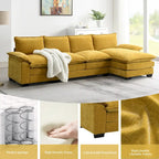 Divano sezionale a L in ciniglia beige/grigio/giallo/blu navy con chaise longue, 5 posti