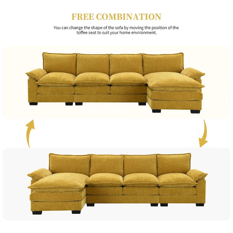 Divano sezionale a L in ciniglia beige/grigio/giallo/blu navy con chaise longue, 5 posti
