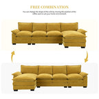 Divano sezionale a L in ciniglia beige/grigio/giallo/blu navy con chaise longue, 5 posti