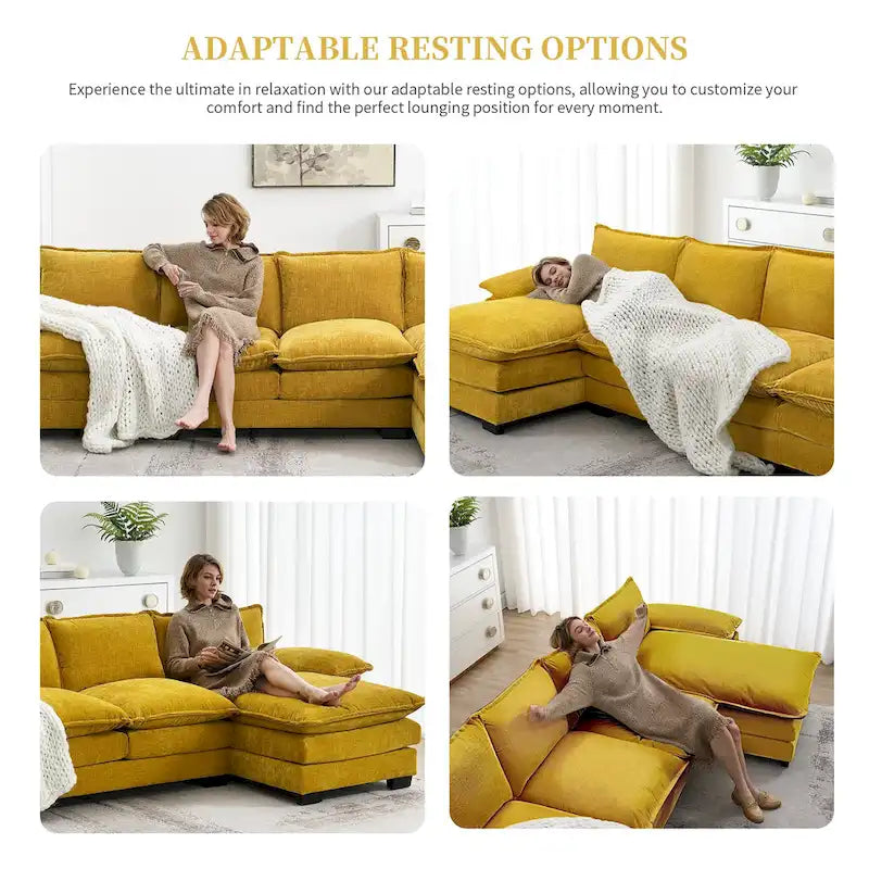 Divano sezionale a L in ciniglia beige/grigio/giallo/blu navy con chaise longue, 5 posti