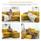 Divano sezionale a L in ciniglia beige/grigio/giallo/blu navy con chaise longue, 5 posti