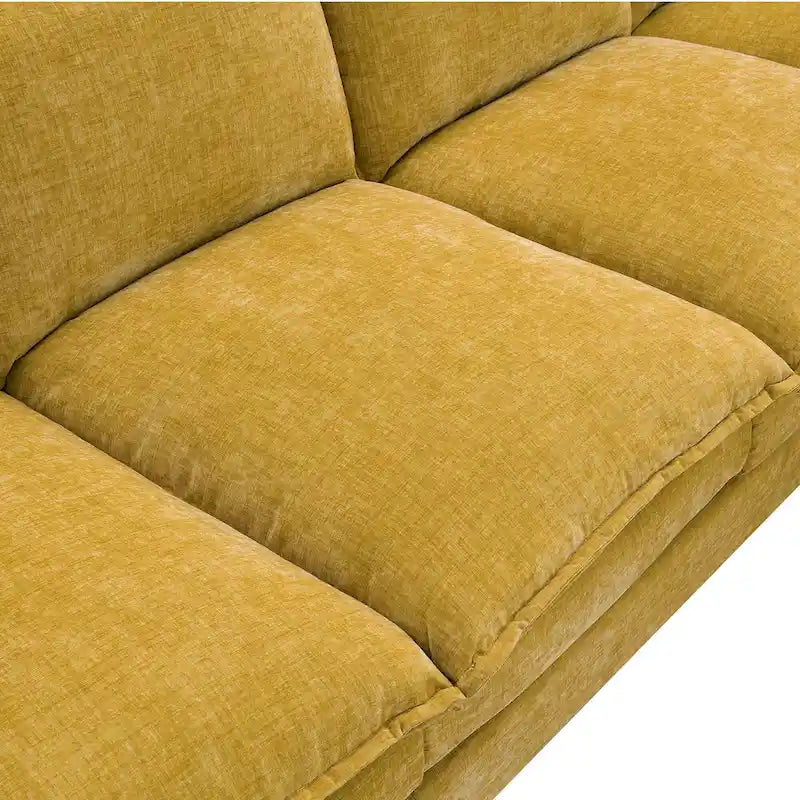 Divano sezionale a L in ciniglia beige/grigio/giallo/blu navy con chaise longue, 5 posti