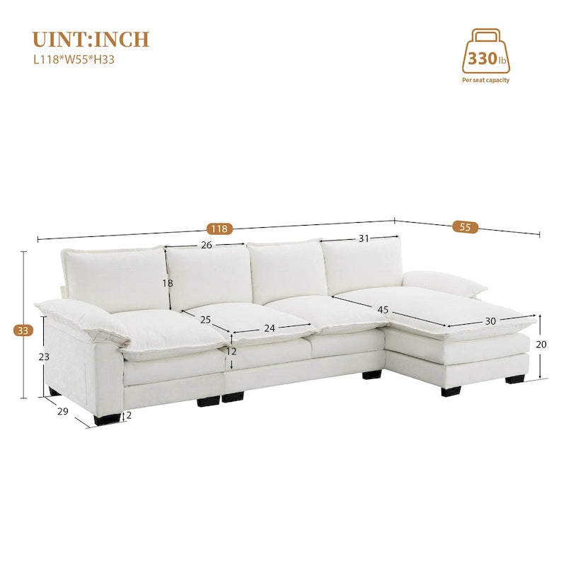 Divano sezionale a L in ciniglia beige/grigio/giallo/blu navy con chaise longue, 5 posti
