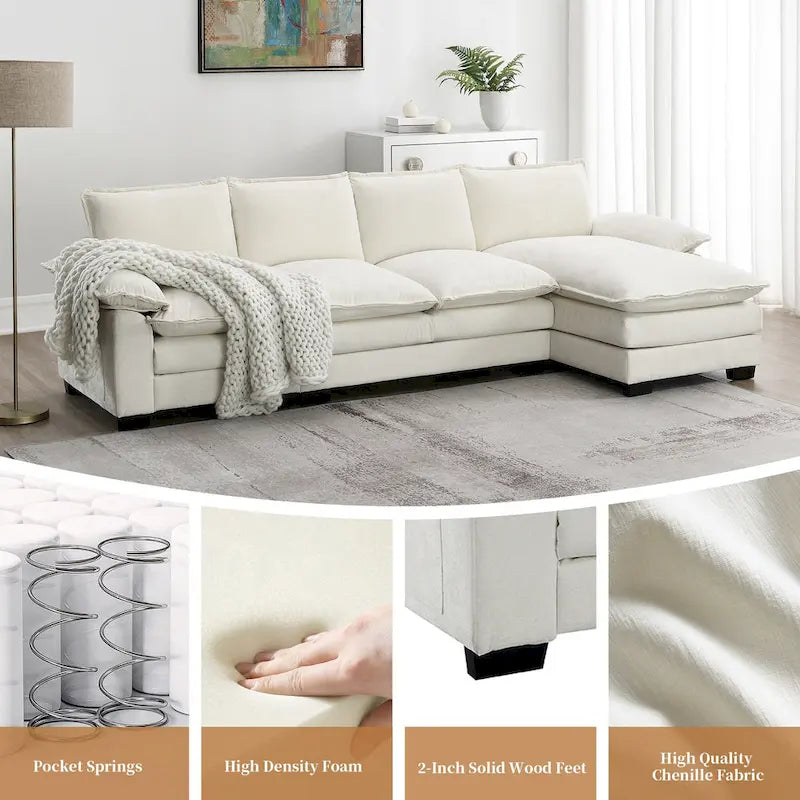 Divano sezionale a L in ciniglia beige/grigio/giallo/blu navy con chaise longue, 5 posti