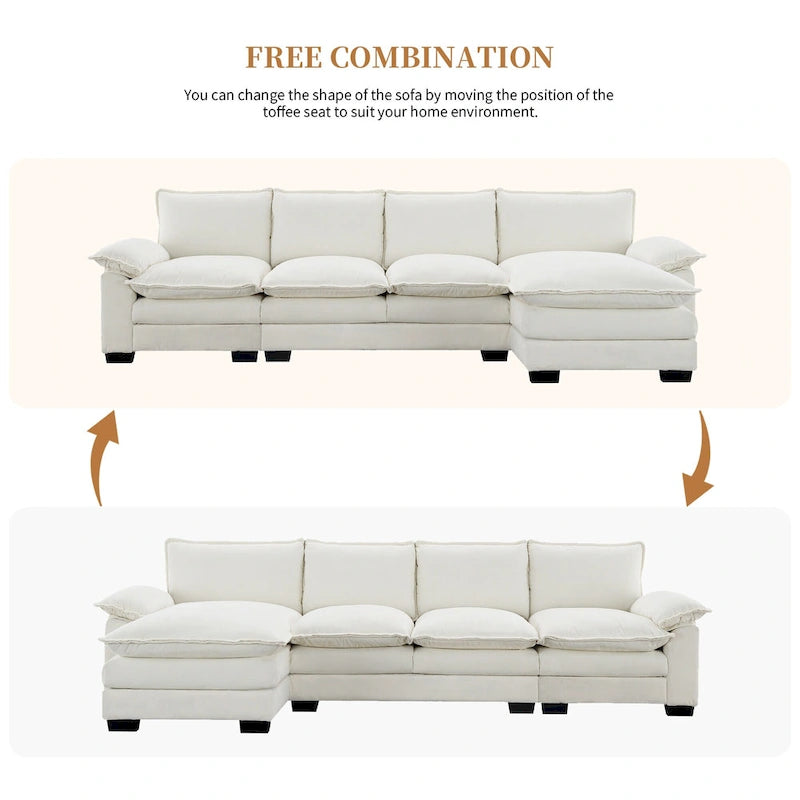 Divano sezionale a L in ciniglia beige/grigio/giallo/blu navy con chaise longue, 5 posti