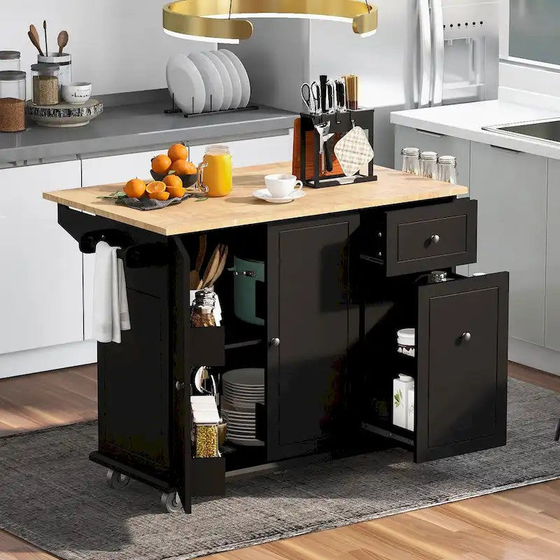Carrello da Cucina Pieghevole con Rotelle, con Organizer Estraibile a 3 Ripiani, Bianco/Nero/Grigio+Blu, per 1-2 Persone