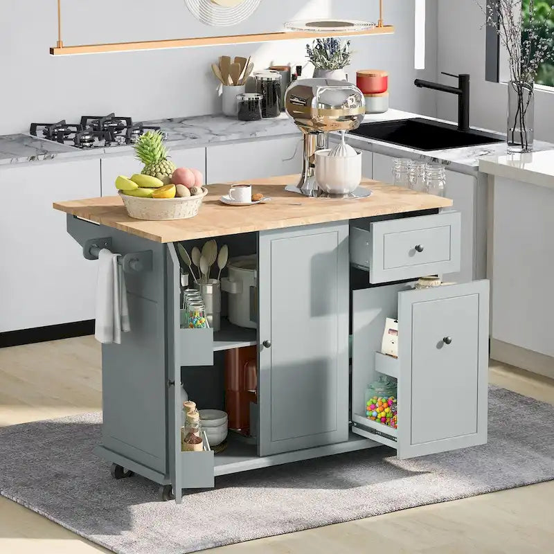 Carrello da Cucina Pieghevole con Rotelle, con Organizer Estraibile a 3 Ripiani, Bianco/Nero/Grigio+Blu, per 1-2 Persone