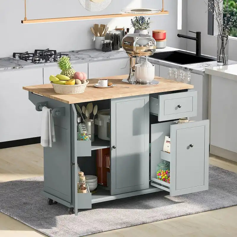 Carrello da Cucina Pieghevole con Rotelle, con Organizer Estraibile a 3 Ripiani, Bianco/Nero/Grigio+Blu, per 1-2 Persone